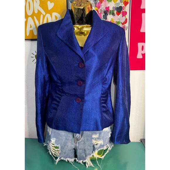 Kasper Jackets & Blazers - Kasper Women’s Blazer Size 6 Blue Shimmer Single Breasted Ruched Waist Jacket